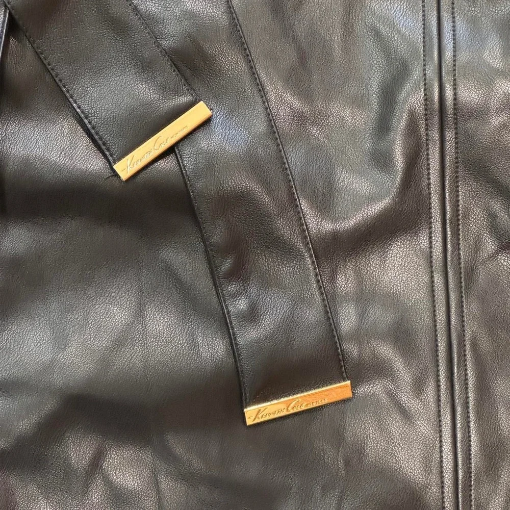 Kenneth Cole Trench Coat Black Faux Leather Tie Belted Women's Size Large
